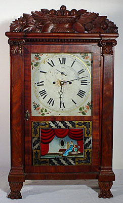 Mahogany "Salem Bridge" eight day weight powered shelf clock with brass movement made by S. Clark, Salem Bridge, Connecticut, circa 1835